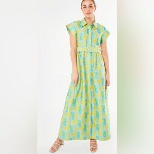 ABBEY GLASS- Elegant Green and Blue Patterned Maxi Dress